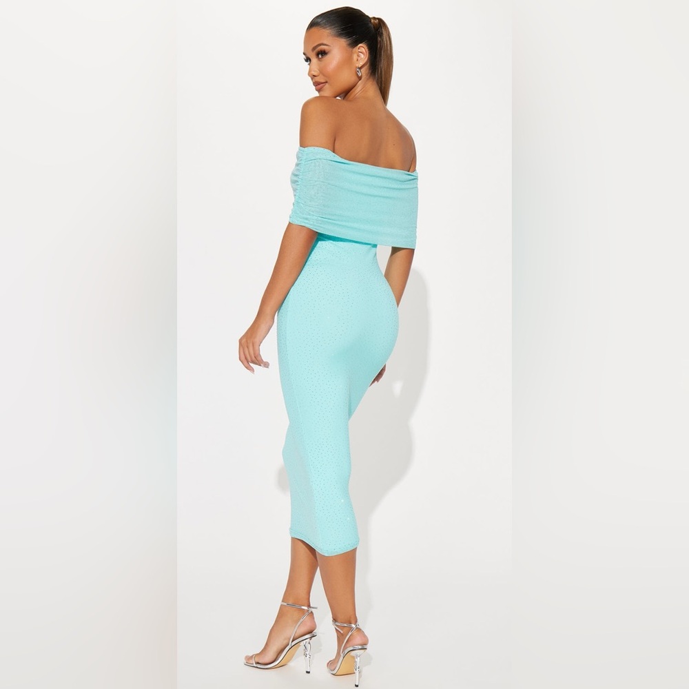 Fashion Nova Bling Bling Rhinestone Midi Dress In Aqua-Size Large NWT🩵🩵 - Picture 4 of 6
